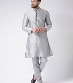 Grey Plain Silk Blend Kurta Pajama