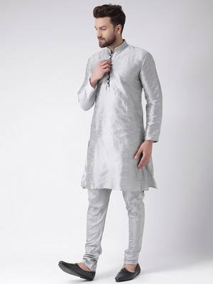 Grey Plain Silk Blend Kurta Pajama 2