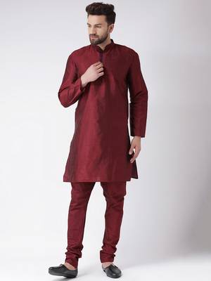 Maroon Plain Silk Blend Kurta Pajama 1