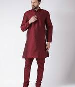 Maroon Plain Silk Blend Kurta Pajama