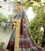 Grey Abstract Print Chanderi Silk Saree With Blouse