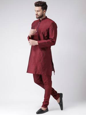 Maroon Plain Silk Blend Kurta Pajama 2