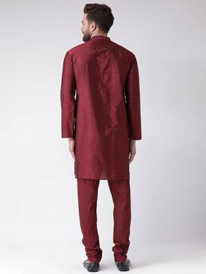 Maroon Plain Silk Blend Kurta Pajama 3