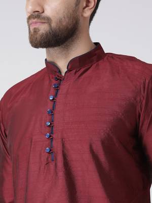 Maroon Plain Silk Blend Kurta Pajama 4