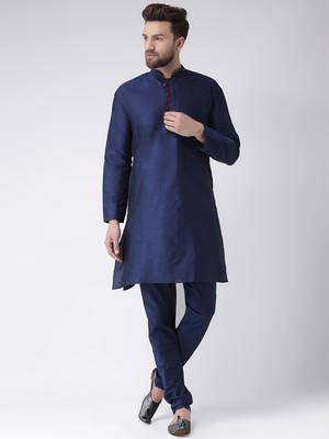 Blue Plain Silk Blend Kurta Pajama 1