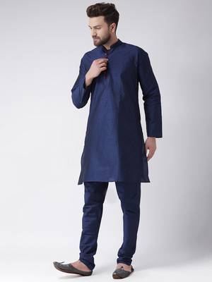 Blue Plain Silk Blend Kurta Pajama 2