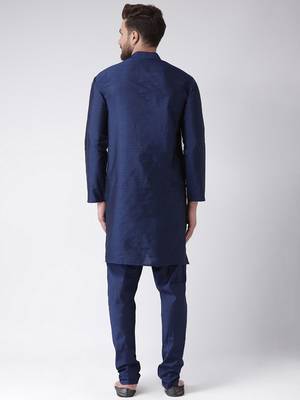 Blue Plain Silk Blend Kurta Pajama 3
