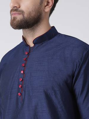 Blue Plain Silk Blend Kurta Pajama 4
