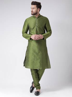 Green Plain Silk Blend Kurta Pajama 1
