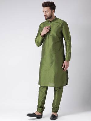 Green Plain Silk Blend Kurta Pajama 2