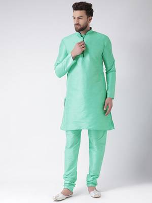 Green Plain Silk Blend Kurta Pajama 1
