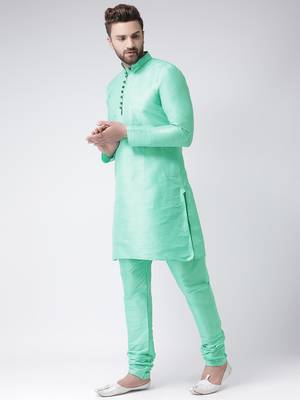 Green Plain Silk Blend Kurta Pajama 2