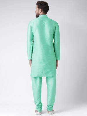 Green Plain Silk Blend Kurta Pajama 3