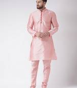 Pink Plain Silk Blend Kurta Pajama