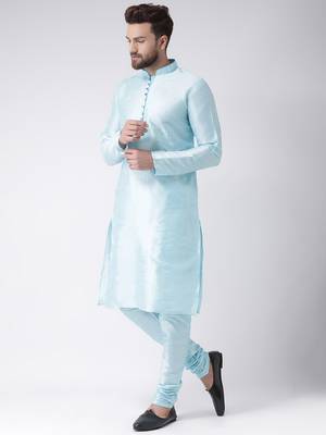 Blue Plain Silk Blend Kurta Pajama 2