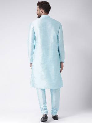 Blue Plain Silk Blend Kurta Pajama 3