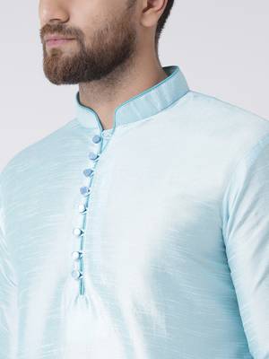 Blue Plain Silk Blend Kurta Pajama 4