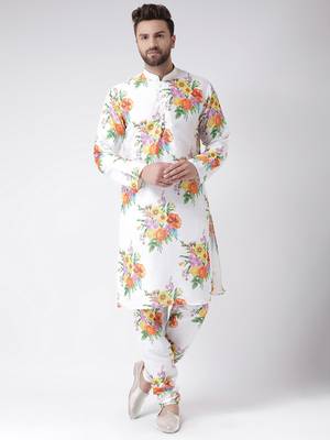 White Printed Silk Blend Kurta Pajama 1