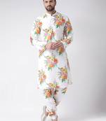 White Printed Silk Blend Kurta Pajama