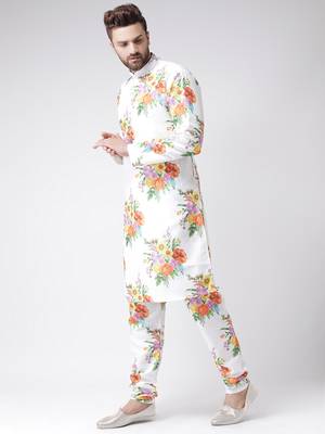 White Printed Silk Blend Kurta Pajama 2