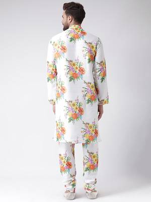 White Printed Silk Blend Kurta Pajama 3
