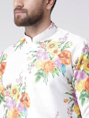 White Printed Silk Blend Kurta Pajama 4