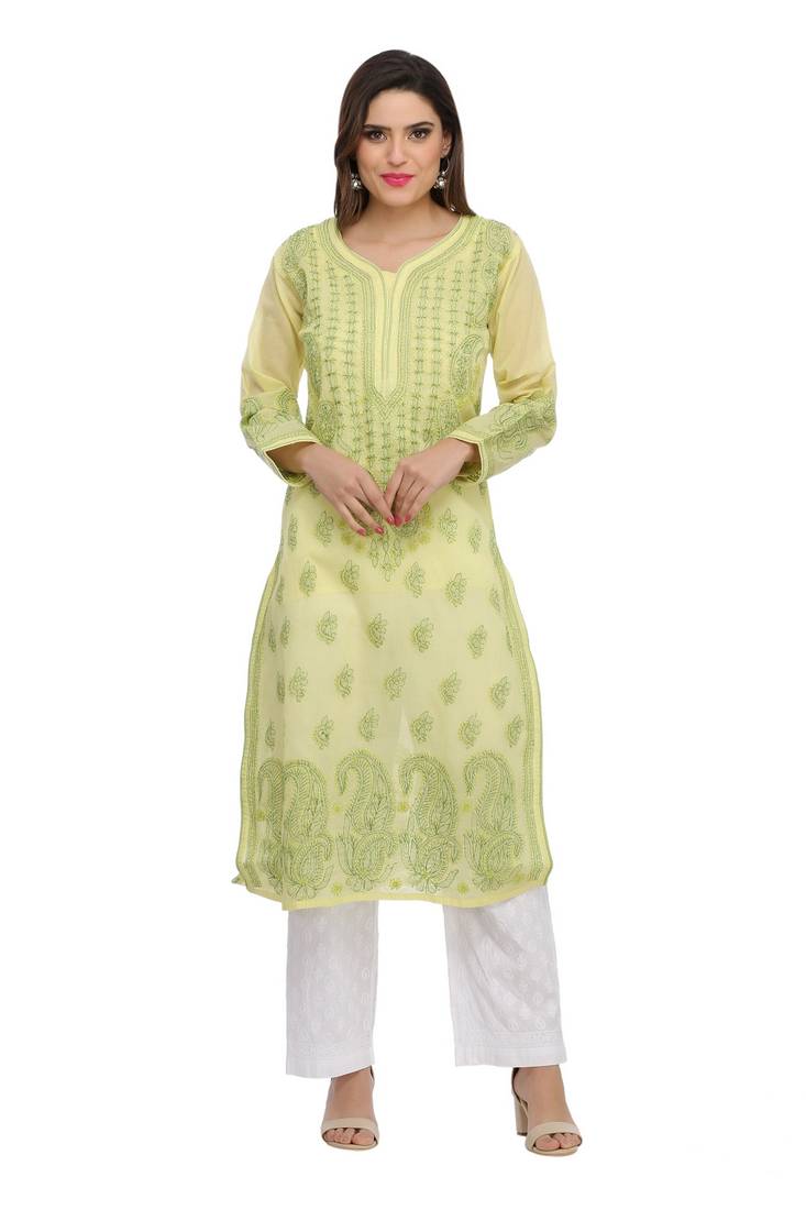 Ada Hand Embroidered Lemon Cotton Lucknow Chikan Kurti