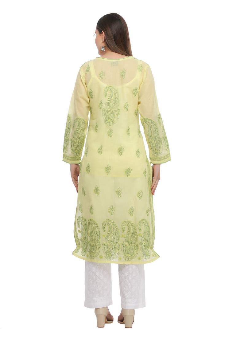 Ada Hand Embroidered Lemon Cotton Lucknow Chikan Kurti