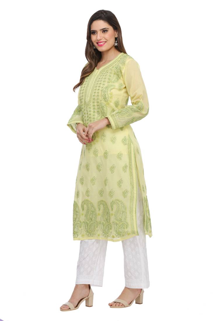 Ada Hand Embroidered Lemon Cotton Lucknow Chikan Kurti