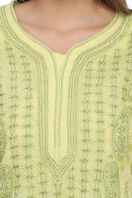 Ada Hand Embroidered Lemon Cotton Lucknow Chikan Kurti 5