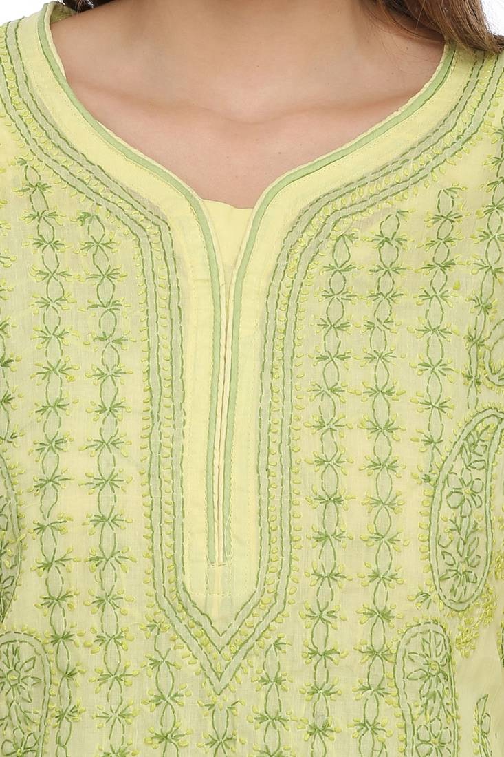 Ada Hand Embroidered Lemon Cotton Lucknow Chikan Kurti