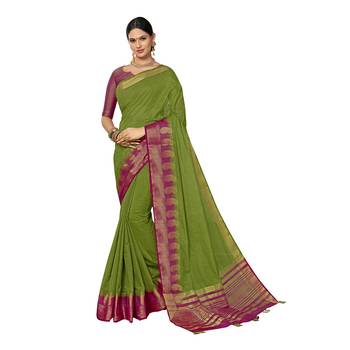 Green woven silk cotton saree with blouse 1