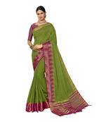 Green woven silk cotton saree with blouse