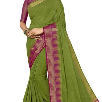 Green woven silk cotton saree with blouse 4