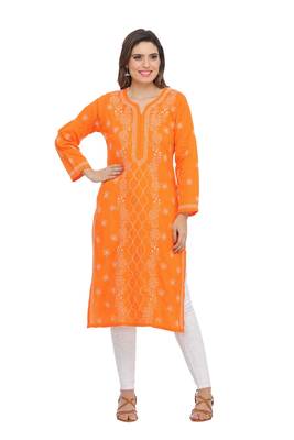 Ada Hand Embroidered Orange Cotton Lucknow Chikankari Kurti 1