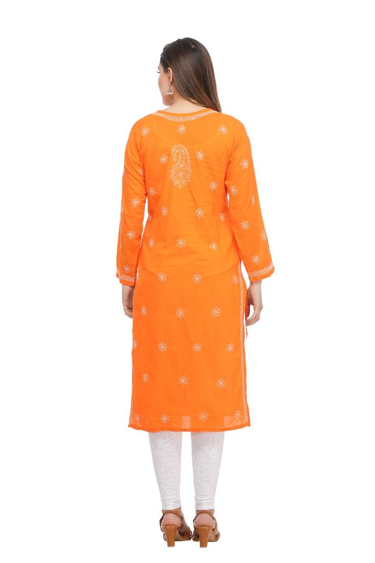Ada Hand Embroidered Orange Cotton Lucknow Chikankari Kurti