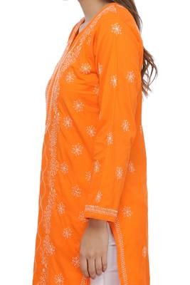 Ada Hand Embroidered Orange Cotton Lucknow Chikankari Kurti 3