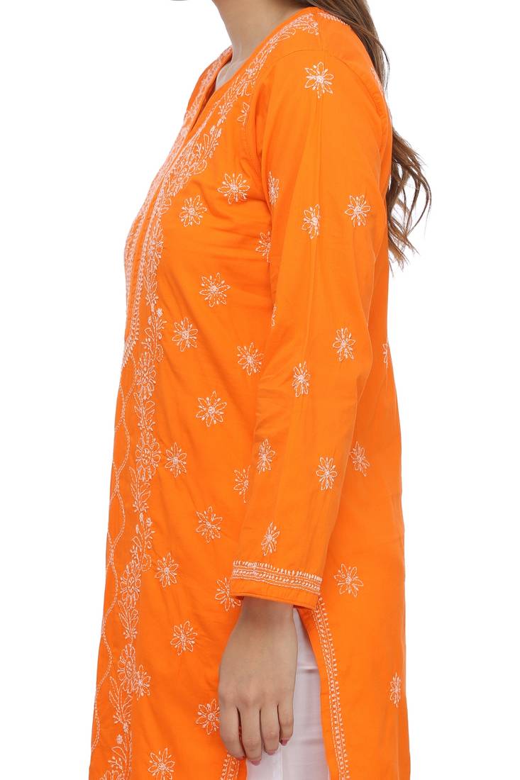 Ada Hand Embroidered Orange Cotton Lucknow Chikankari Kurti