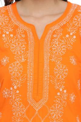 Ada Hand Embroidered Orange Cotton Lucknow Chikankari Kurti 4