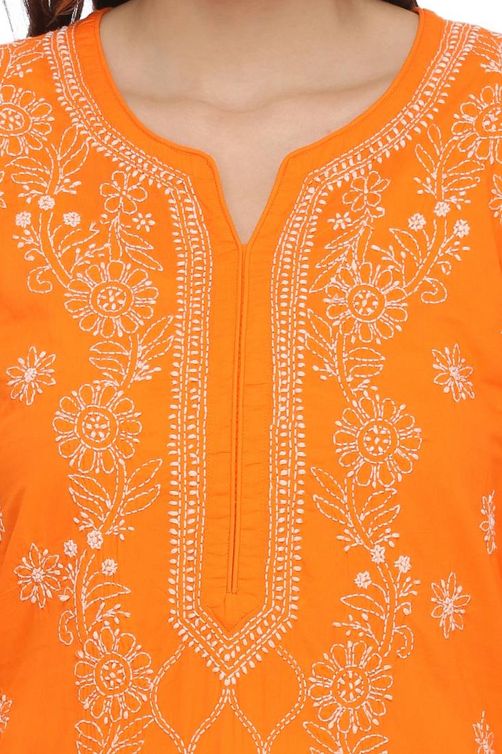 Ada Hand Embroidered Orange Cotton Lucknow Chikankari Kurti