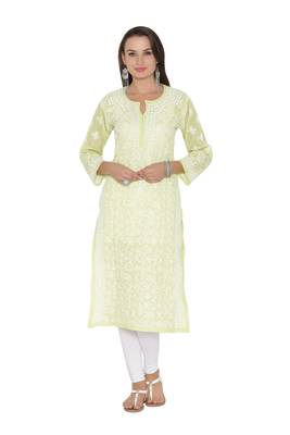 Ada Hand Embroidered Green Cotton Lucknowi Chikan Kurti 1