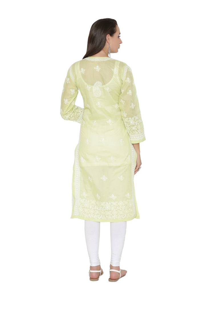 Ada Hand Embroidered Green Cotton Lucknowi Chikan Kurti