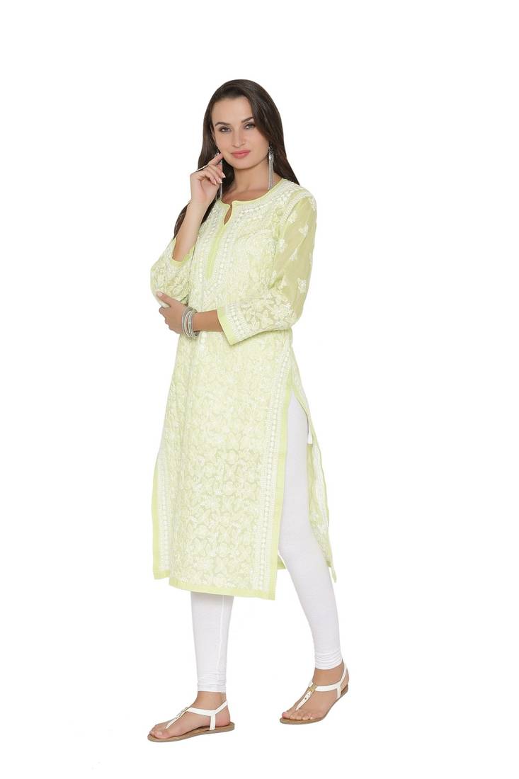 Ada Hand Embroidered Green Cotton Lucknowi Chikan Kurti
