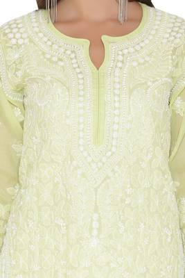 Ada Hand Embroidered Green Cotton Lucknowi Chikan Kurti 4