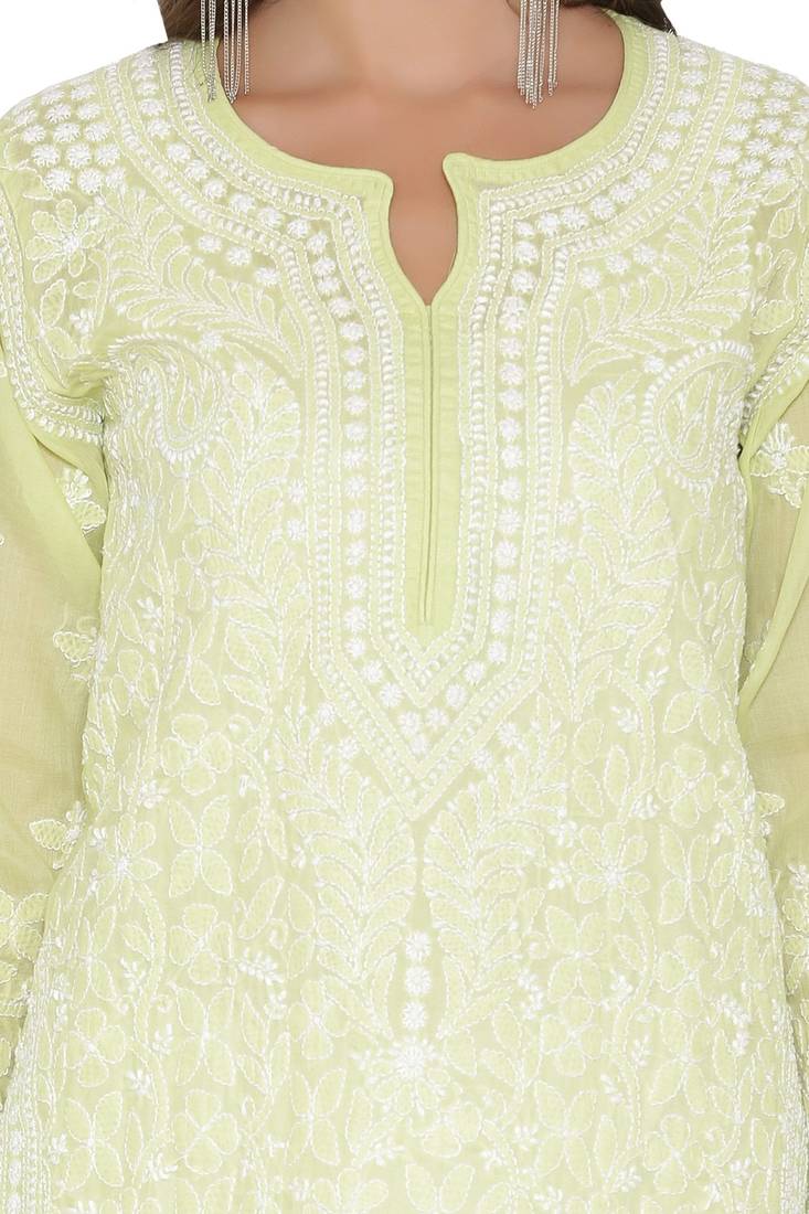 Ada Hand Embroidered Green Cotton Lucknowi Chikan Kurti