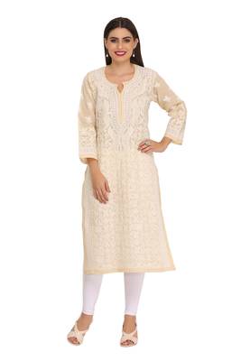 Ada Hand Embroidered Fawn Cotton Lucknow Chikan Kurti 1