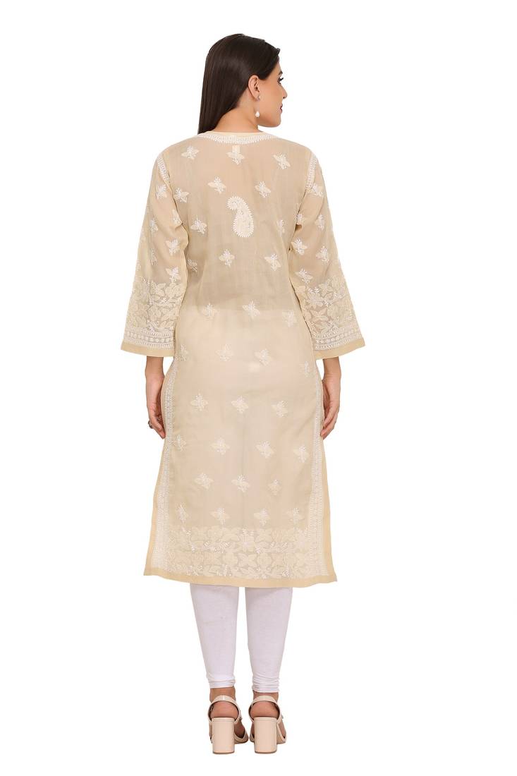 Ada Hand Embroidered Fawn Cotton Lucknow Chikan Kurti