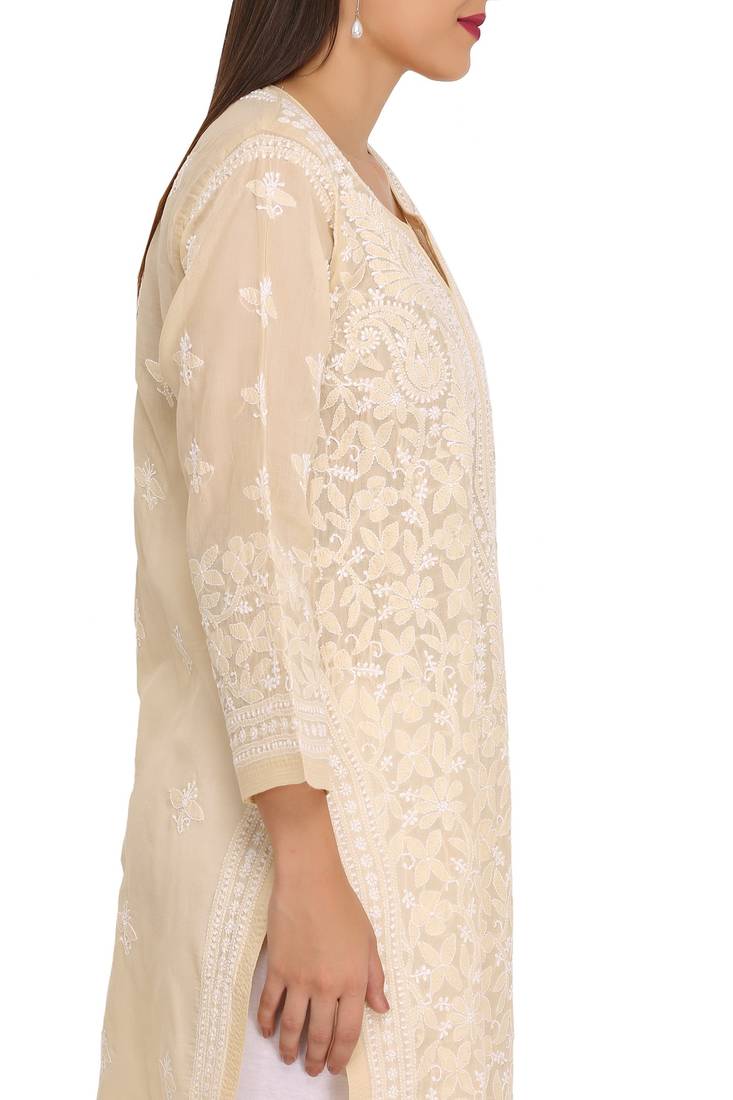 Ada Hand Embroidered Fawn Cotton Lucknow Chikan Kurti