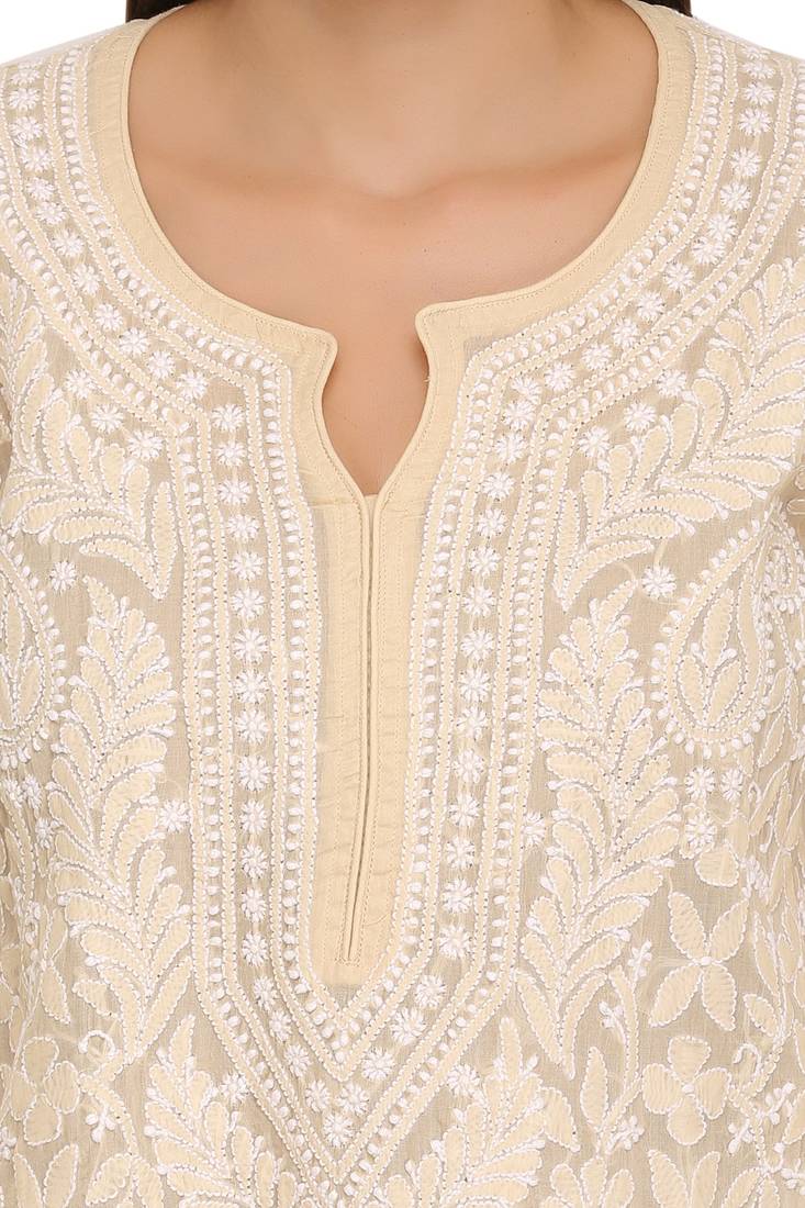 Ada Hand Embroidered Fawn Cotton Lucknow Chikan Kurti