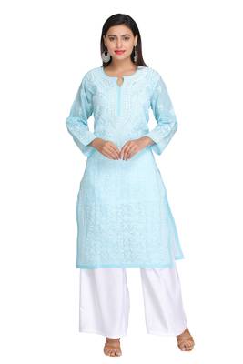 Ada Hand Embroidered Blue Cotton Lucknow Chikan Kurti 1
